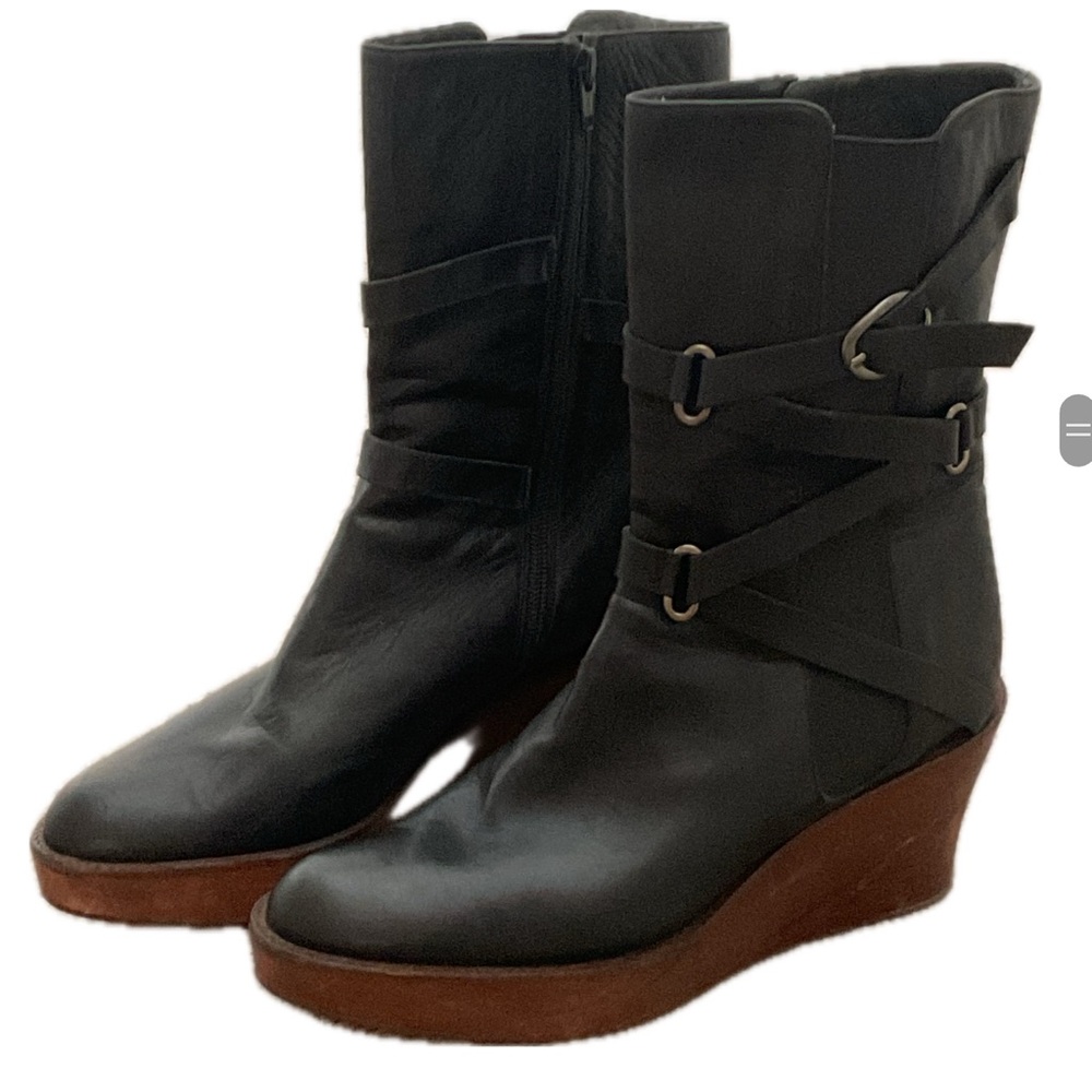 Stuart Weitzman Black Soft Leather Belted Wedges with Tan Sole